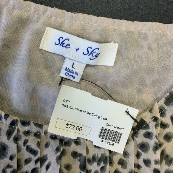 NWT She + Sky Womens Tan Gray Leopard Print Pleated A-Line Swing Tank Top Large - Picture 6 of 9